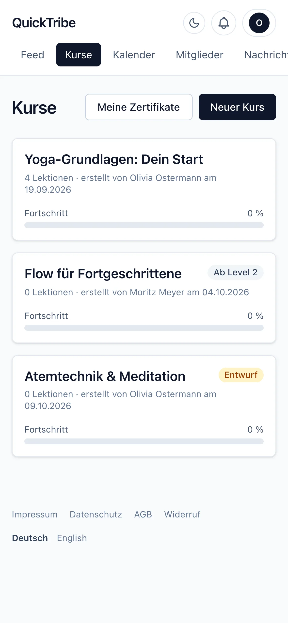 Kursübersicht von QuickTribe auf dem Smartphone