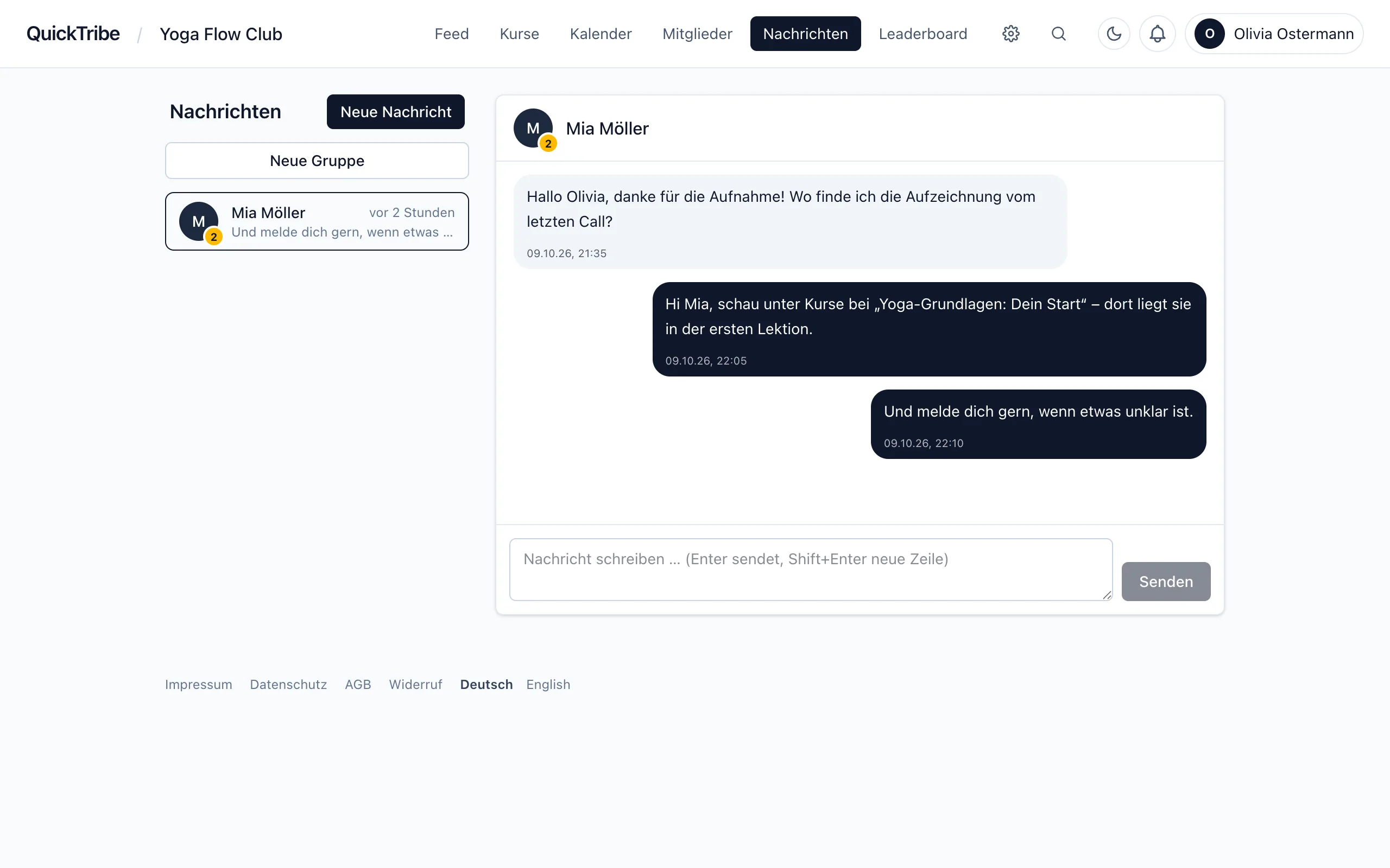Nachrichtenansicht mit einer Unterhaltung zwischen Owner und Mitglied